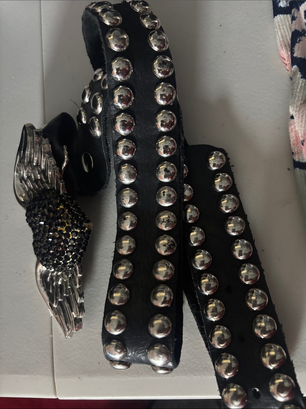 Black Studded Leather Belt with Winged Buckle